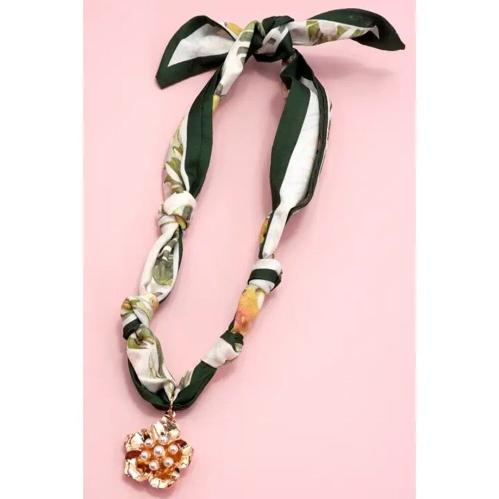 Tropical Green Knotted Scarf Layering Necklace with Flower Charm